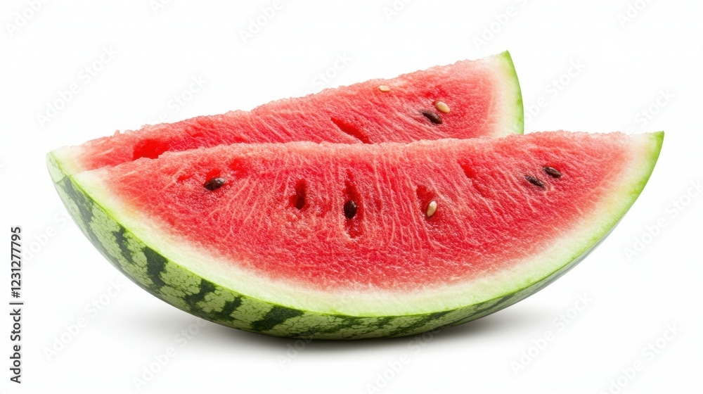 Fresh Watermelon Slices on White Background with Juicy Flesh Fresh Watermelon Slices on White Background with Juicy Flesh