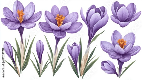 Beautiful Purple Crocus Flowers in Various Stages of Blooming