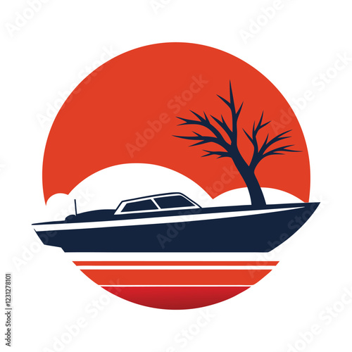 Modern Boat With Tree Retro Vantage T-Shirt Design Vector Illustration