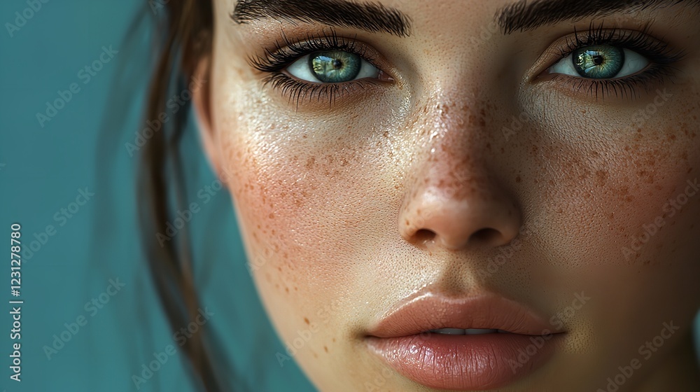 Fototapeta premium A close-up view of a woman's face with freckles, perfect for beauty or personal use