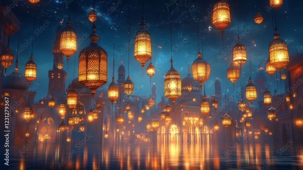 Obraz premium Magical Night Cityscape with Glowing Lanterns and Starry Sky