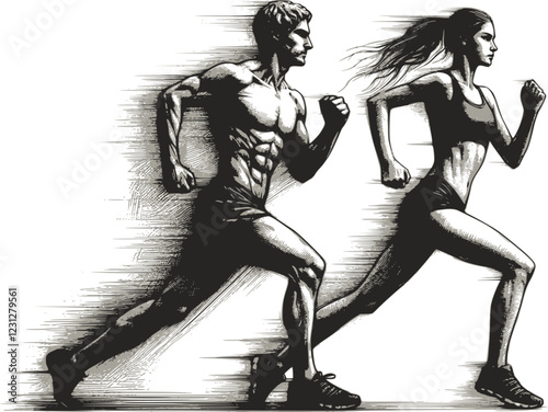 Running man and woman, isolated vector charcoal silhouettes. Run, side view. Charcoal sketches of athletic looking male and female runners running. EPS 10 version.