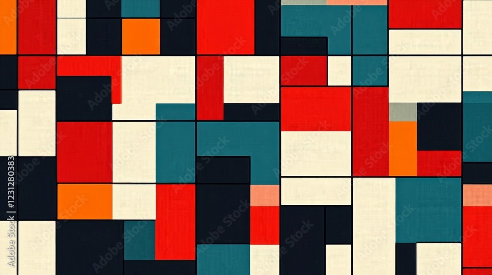Colorful abstract geometric pattern featuring red, blue, and orange squares and rectangles, perfect for modern art and design projects. Colorful abstract geometric pattern featuring red, blue, and orange squares and rectangles, perfect for modern art and design projects.
