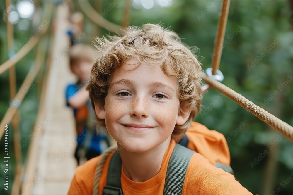Smiling Boy Enjoying Adventure on a Rope Bridge in the Forest Smiling Boy Enjoying Adventure on a Rope Bridge in the Forest