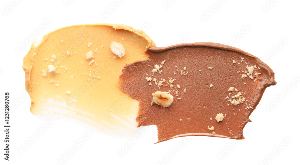 Fototapeta premium Different nut butters and nuts isolated on white, top view