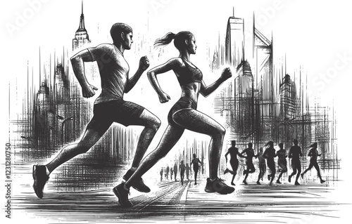 Running man and woman, isolated vector charcoal silhouettes. Run, side view. Charcoal sketches of athletic looking male and female runners running. EPS 10 version.