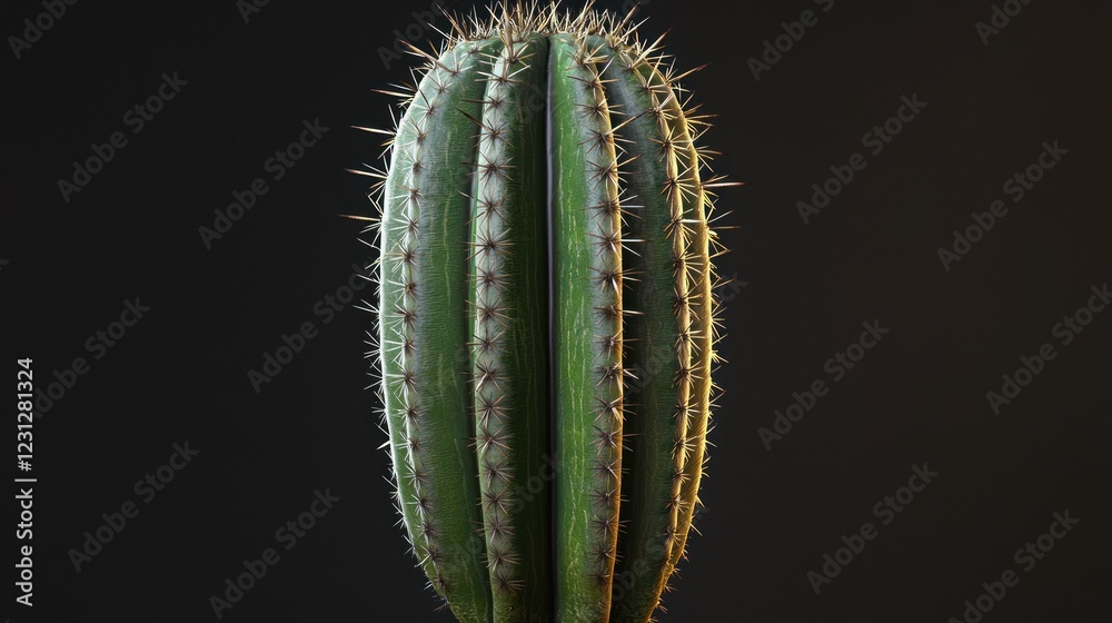 Naklejka premium Close-up of a Green Cactus with Thorns against a Dark Background