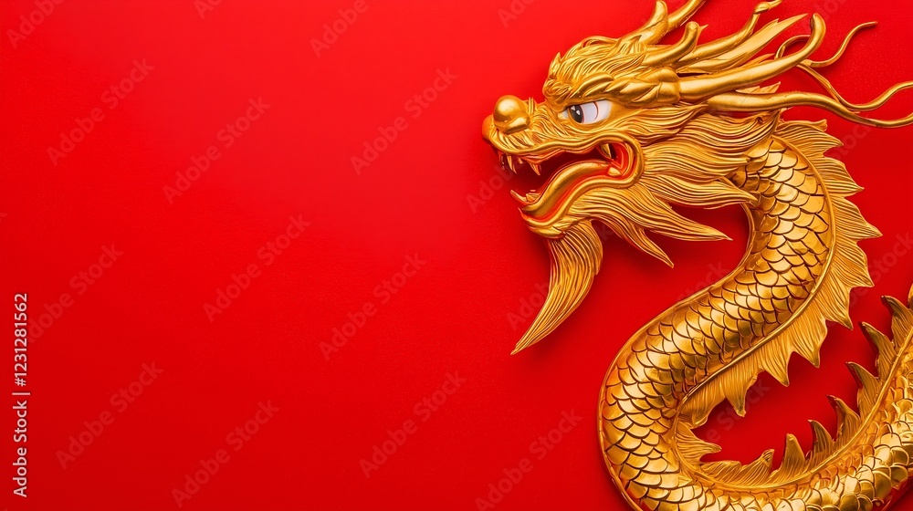 Golden Dragon on Red Background - Chinese Cultural Symbol Golden Dragon on Red Background - Chinese Cultural Symbol