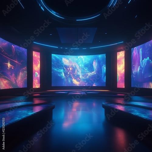 A futuristic story theater with glowing holographic walls displaying dynamic scenes that shift in sync with the narration. 