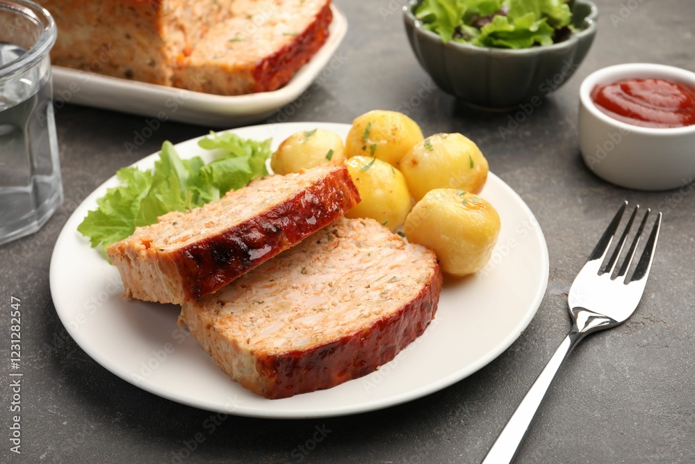 Delicious baked turkey meatloaf with potatoes served on grey table, closeup Delicious baked turkey meatloaf with potatoes served on grey table, closeup