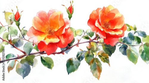 Vibrant Watercolor Roses with Green Leaves on White Background
