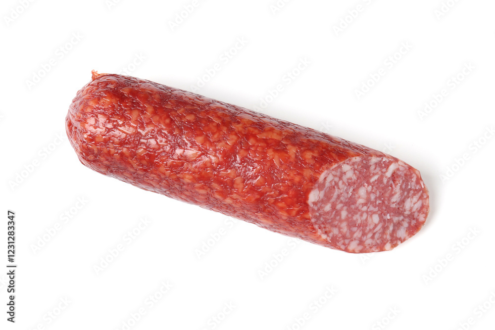 Piece of delicious smoked sausage isolated on white, top view Piece of delicious smoked sausage isolated on white, top view