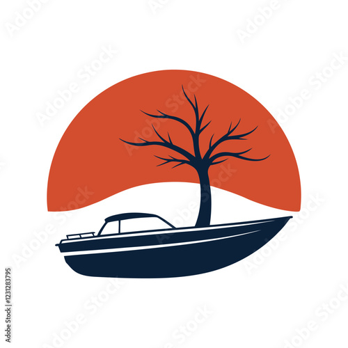 Modern Boat With Tree Retro Vantage T-Shirt Design Vector Illustration