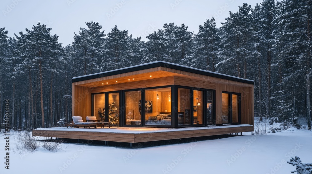 Fototapeta premium Modern wooden cabin nestled in a snowy pine forest during winter evening