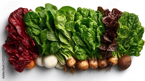 Lineup of Fresh Leafy Vegetables with Roots on a Textured White Surface photo