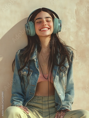 Young people wear big earphone enjoy music bright airy background