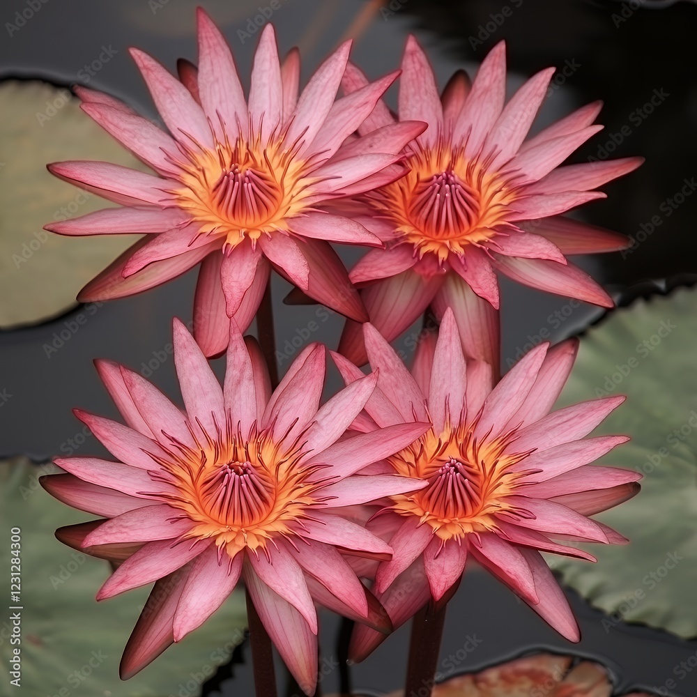 Obraz premium Four Pink Water Lilies Blooming Close Up Aquatic Flower Nature Photography