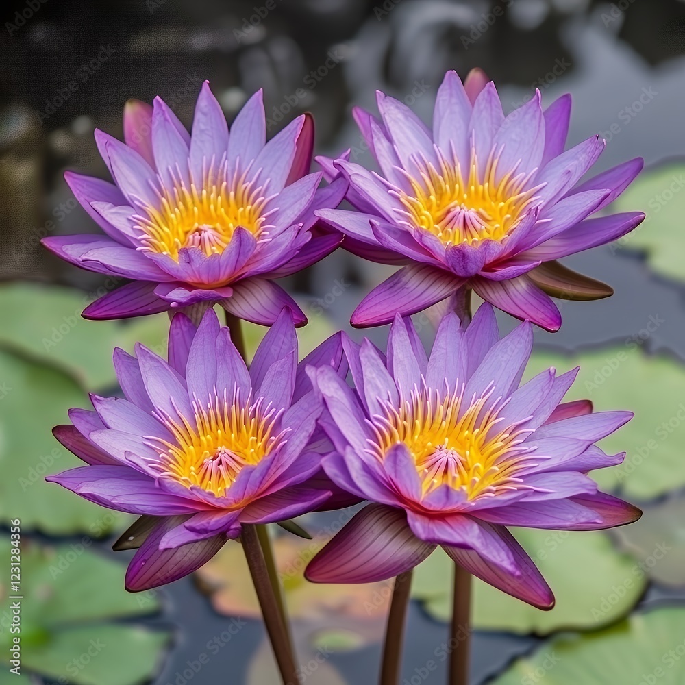 Obraz premium Stunning Close up of Four Purple Water Lilies Blooming in a Pond