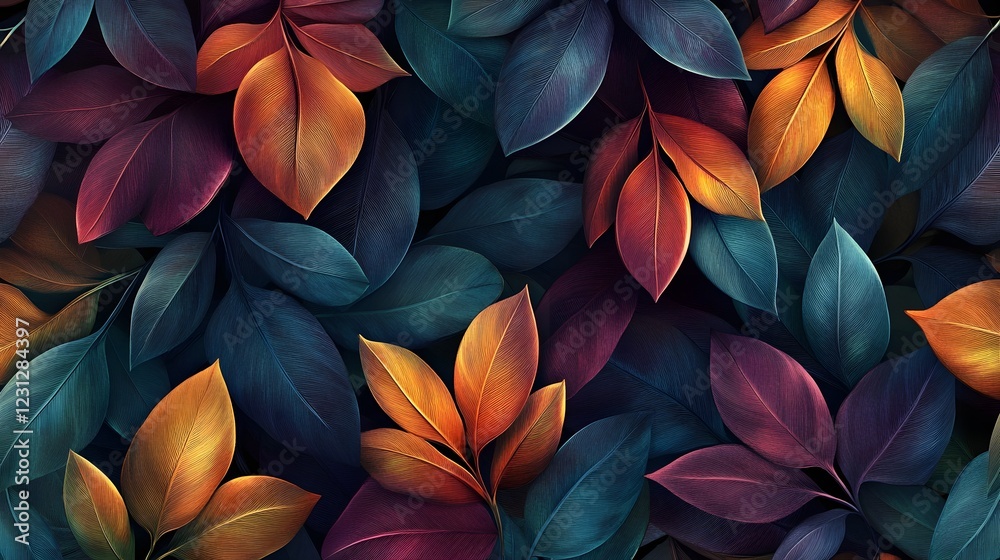 Luxurious Seamless Pattern of Iridescent 3D Leaves in Art Nouveau Style Luxurious Seamless Pattern of Iridescent 3D Leaves in Art Nouveau Style