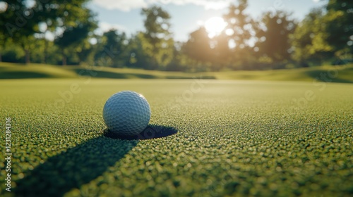 Close-Up View of Golf Ball on Green Surface with Sunlight Background photo