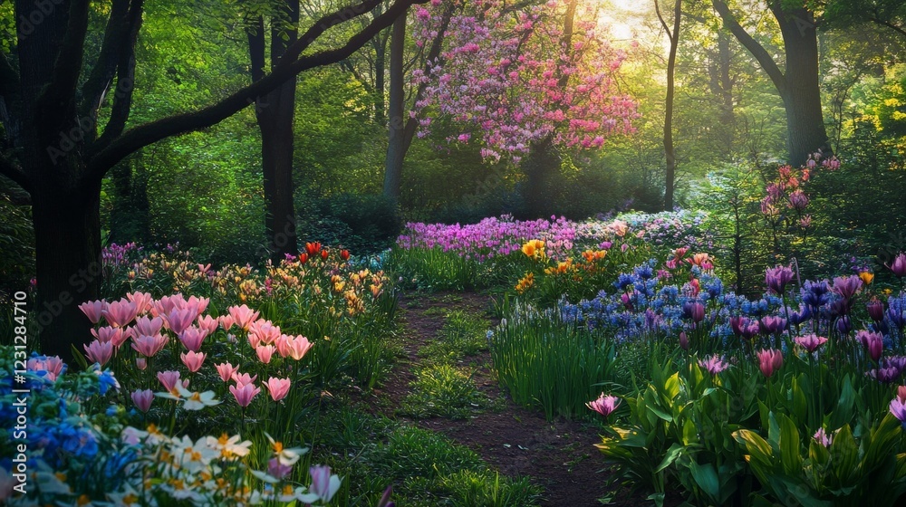 Fototapeta premium Enchanted Spring Garden Path with Vibrant Blooms