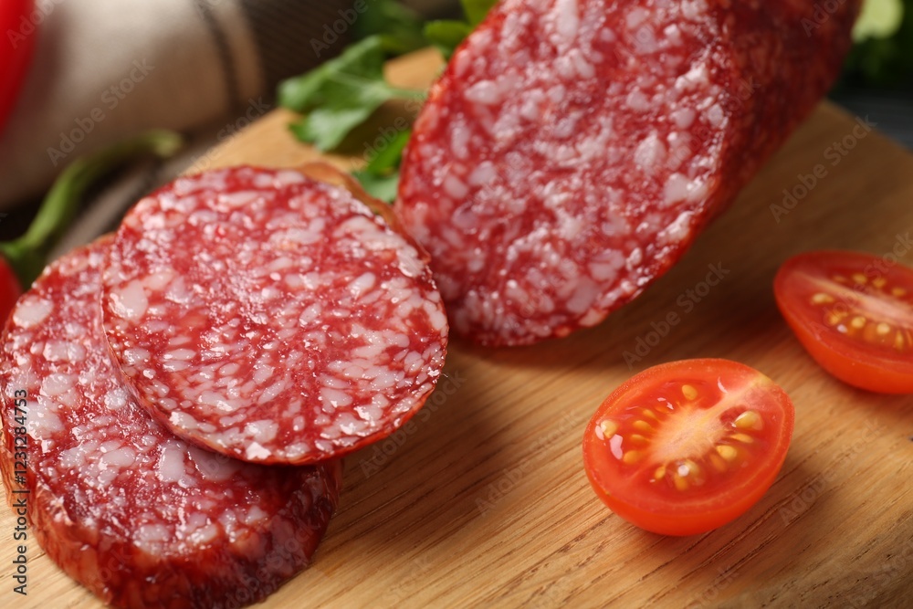 Cut smoked sausage and tomato on wooden board, closeup Cut smoked sausage and tomato on wooden board, closeup