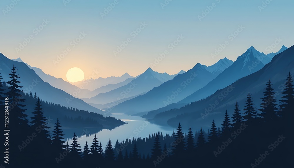 Serene Sunset over Majestic Mountains and Tranquil Lake, Breathtaking Landscape View with Silhouetted Pine Trees Serene Sunset over Majestic Mountains and Tranquil Lake, Breathtaking Landscape View with Silhouetted Pine Trees