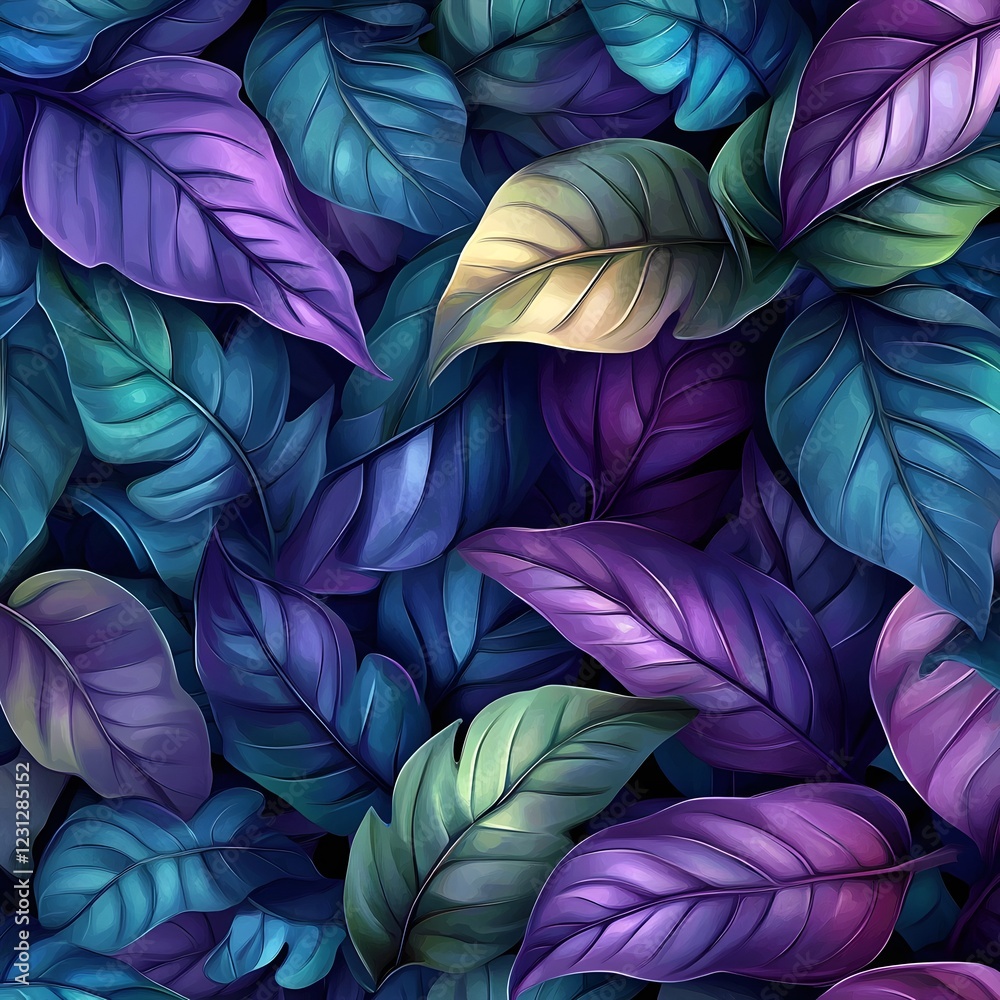 Ethereal Enchanted Leaves Vibrant and Whimsical Digital Botanical Pattern Background