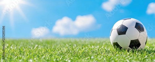 Soccer ball on green grass under blue sky. photo