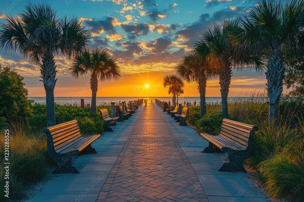 Obraz premium Stunning golden sunset illuminating beach path with palm trees and benches