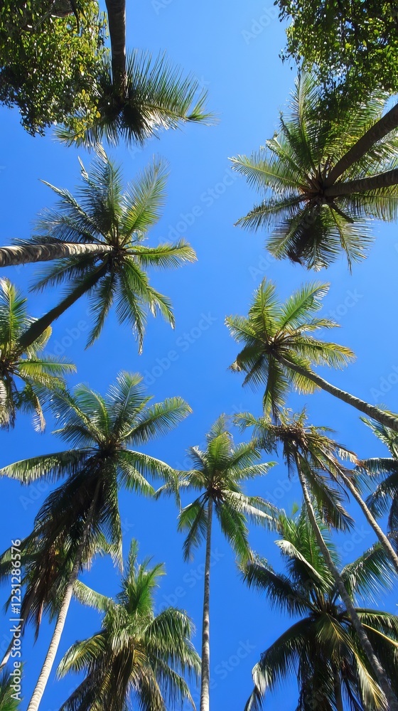 Vibrant palm trees reaching towards a bright blue sky, showcasing a tropical paradise from a low angle view. Vibrant palm trees reaching towards a bright blue sky, showcasing a tropical paradise from a low angle view.