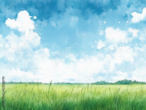 Watercolor Sky and Grass Landscape