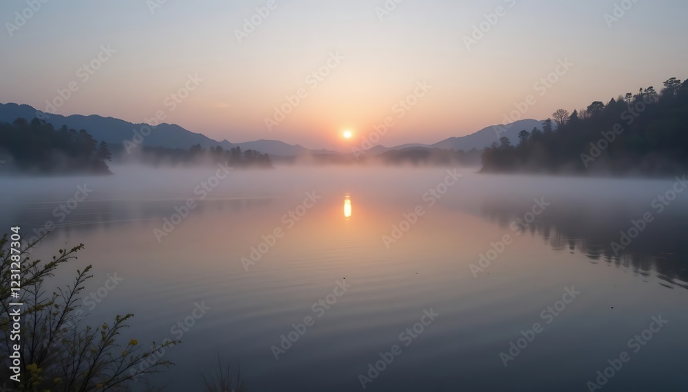 Fototapeta premium Serene Sunrise over Misty Lake with Silhouetted Mountains and Reflections