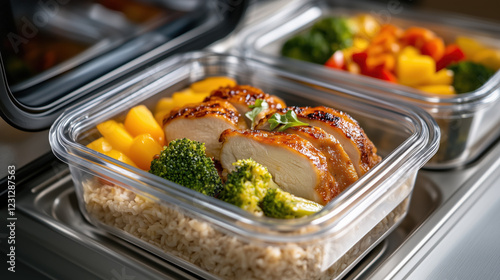 healthy meal prep with grilled chicken, brown rice, and vegetables in glass container
