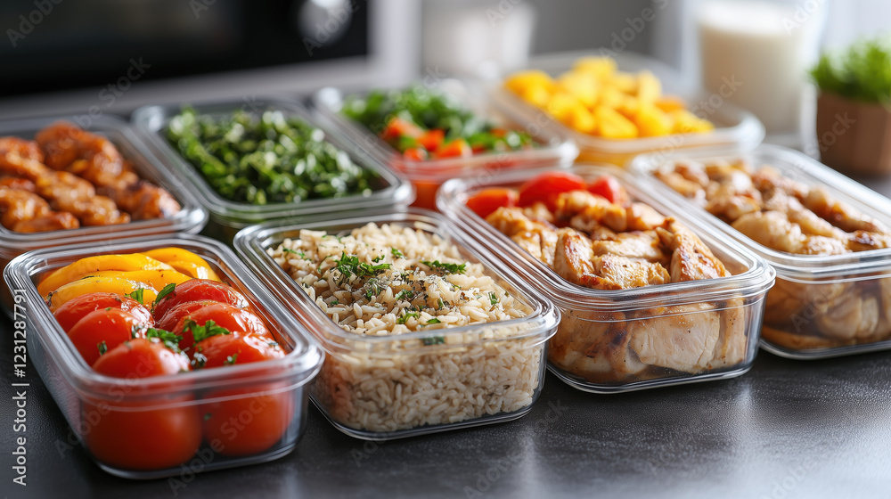 meal prep layout with glass containers packed with healthy food options meal prep layout with glass containers packed with healthy food options
