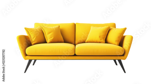 Modern yellow sofa isolated on transparent background with cushions