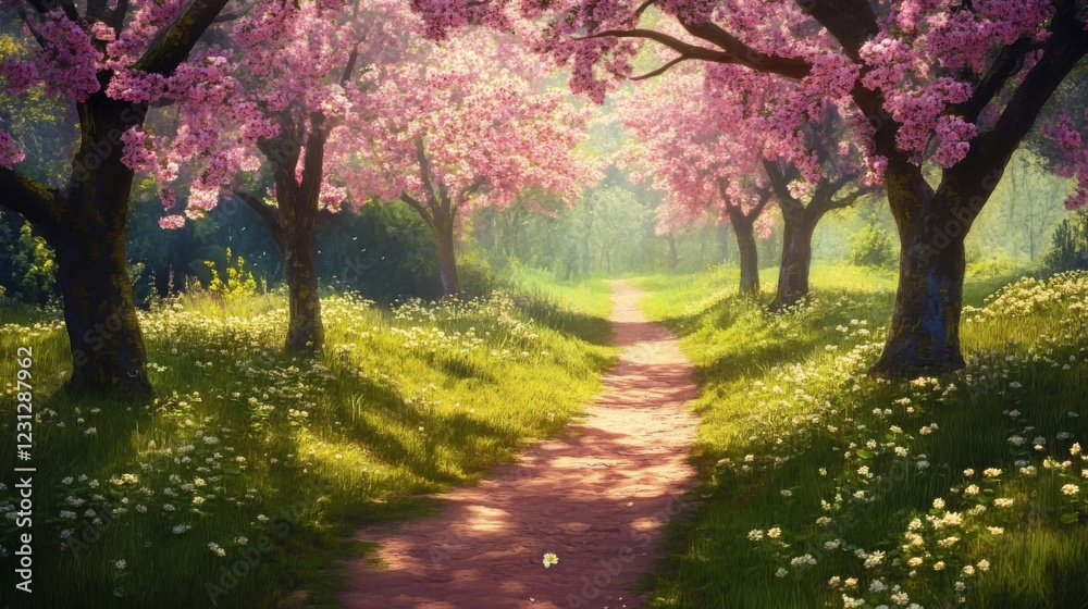 Sunlit Path Through a Pink Blossom Tree Garden Sunlit Path Through a Pink Blossom Tree Garden