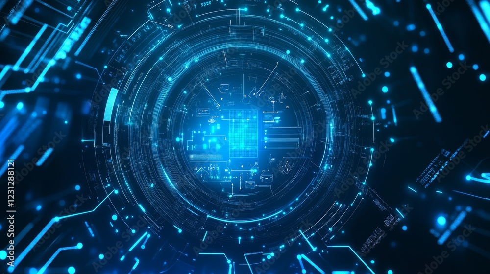 Fototapeta premium Abstract Futuristic Technology Background with Blue Lights and Circuits
