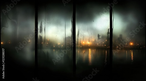 A foggy cityscape at dusk, with reflections on water and glowing lights in the background.