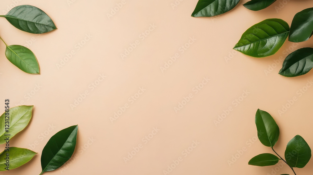 Fresh green leaves arranged on beige background create clean and modern aesthetic, perfect for eco friendly marketing designs Fresh green leaves arranged on beige background create clean and modern aesthetic, perfect for eco friendly marketing designs