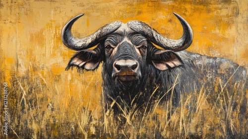 A close-up of a buffalo against a textured orange background, evoking strength and nature.