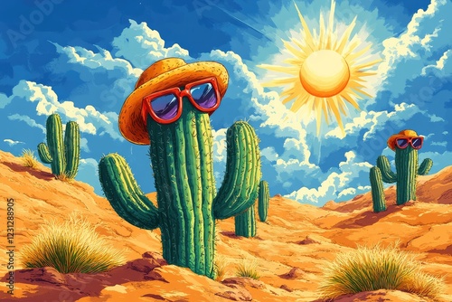 A desert landscape with cartoon cacti wearing sunglasses and hats, where the sun is always shining and the sands are a vibrant orange under the endless blue sky.
