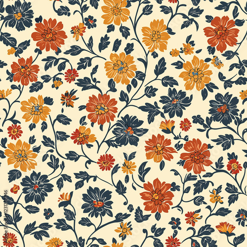 Floral pattern with vibrant flowers in shades of blue, orange, and yellow on a light background.