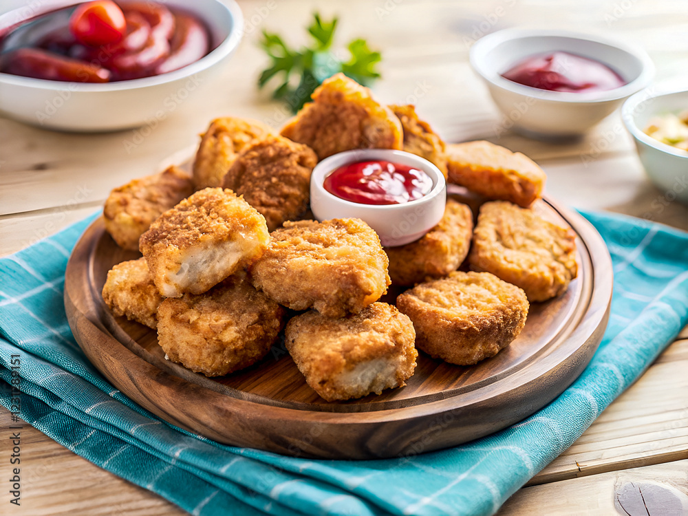 Tasty crispy golden fried chicken nugget with ketchup. Delicious Food background Tasty crispy golden fried chicken nugget with ketchup. Delicious Food background