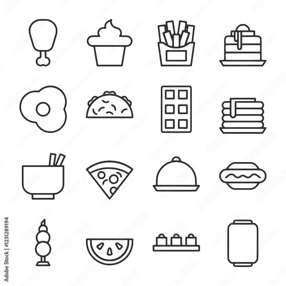 A collection of food icons including pizza, hot dog, and a cupcake A collection of food icons including pizza, hot dog, and a cupcake