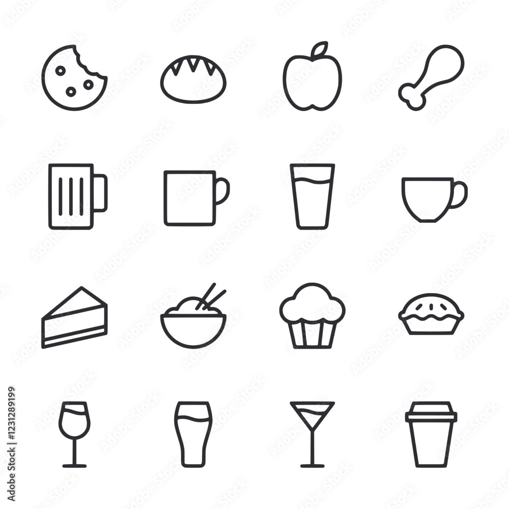 A set of food and drink icons in a black and white style A set of food and drink icons in a black and white style