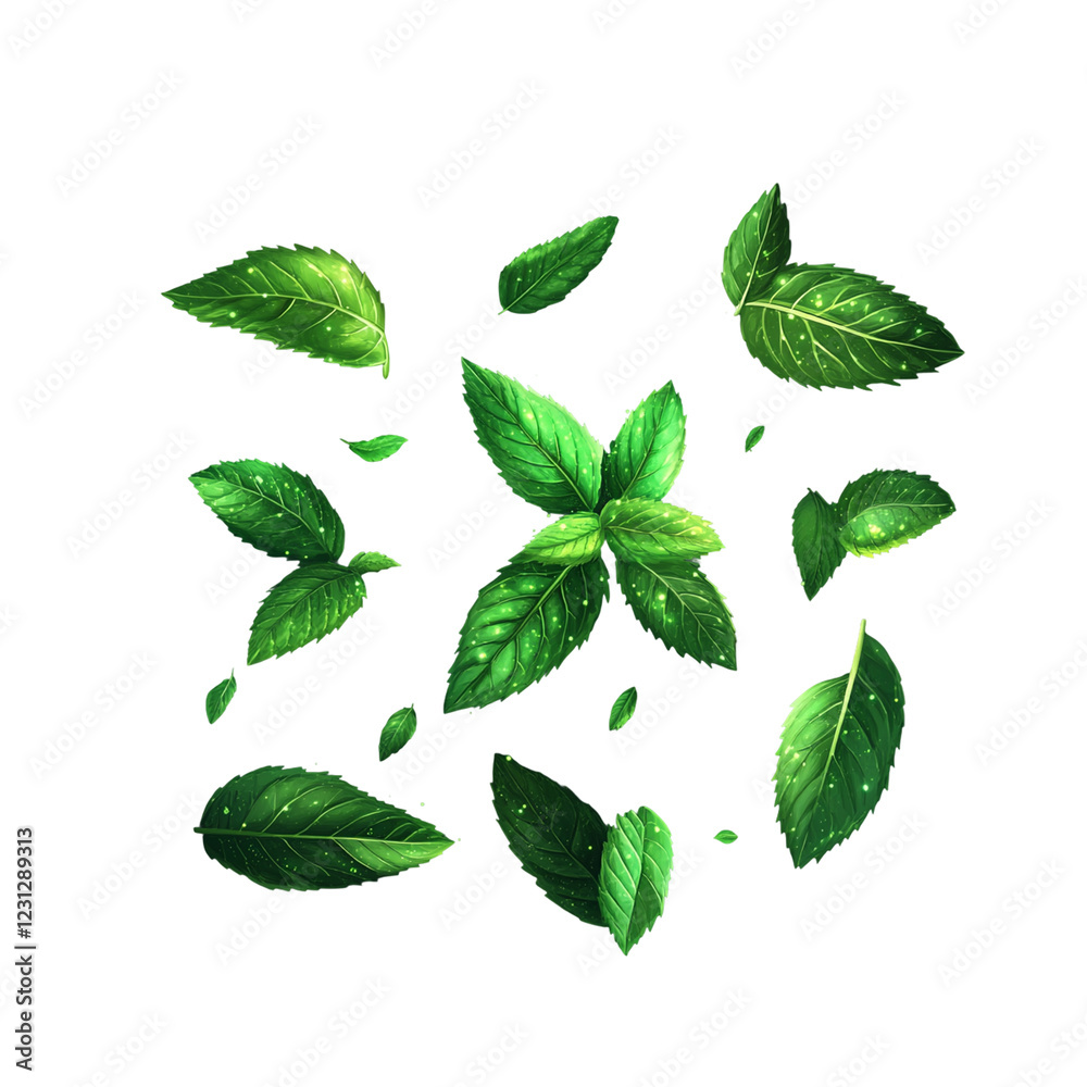 Set of fresh mint leaves in digital abstract style Set of fresh mint leaves in digital abstract style