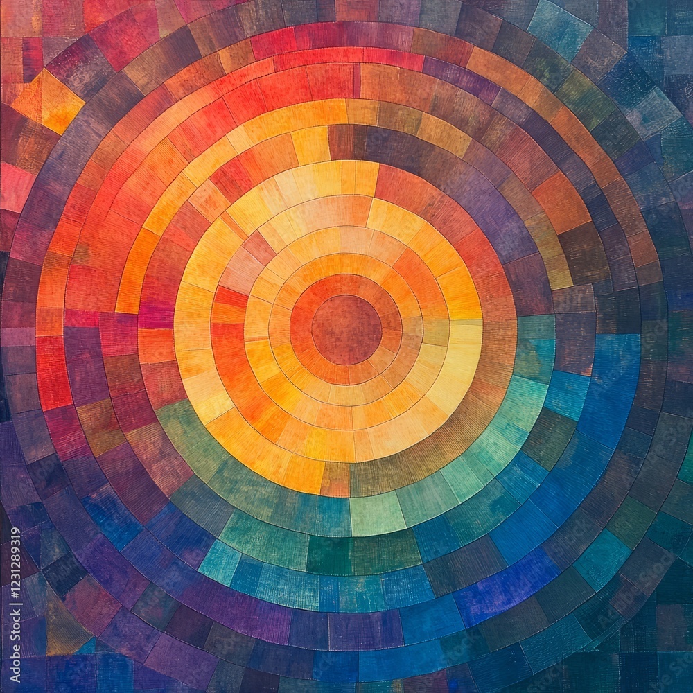 Obraz premium A dynamic abstract design featuring concentric circles in a vivid array of colors, creating a visually striking geometric pattern.