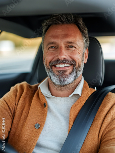 Man enjoys a drive in a modern car on a sunny day