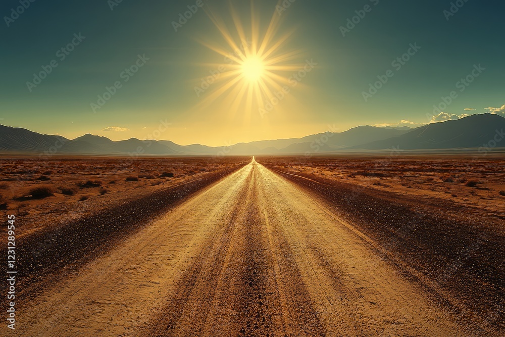 Naklejka premium A desert road stretching endlessly into the horizon under the blazing sun, the heat shimmering off the pavement.